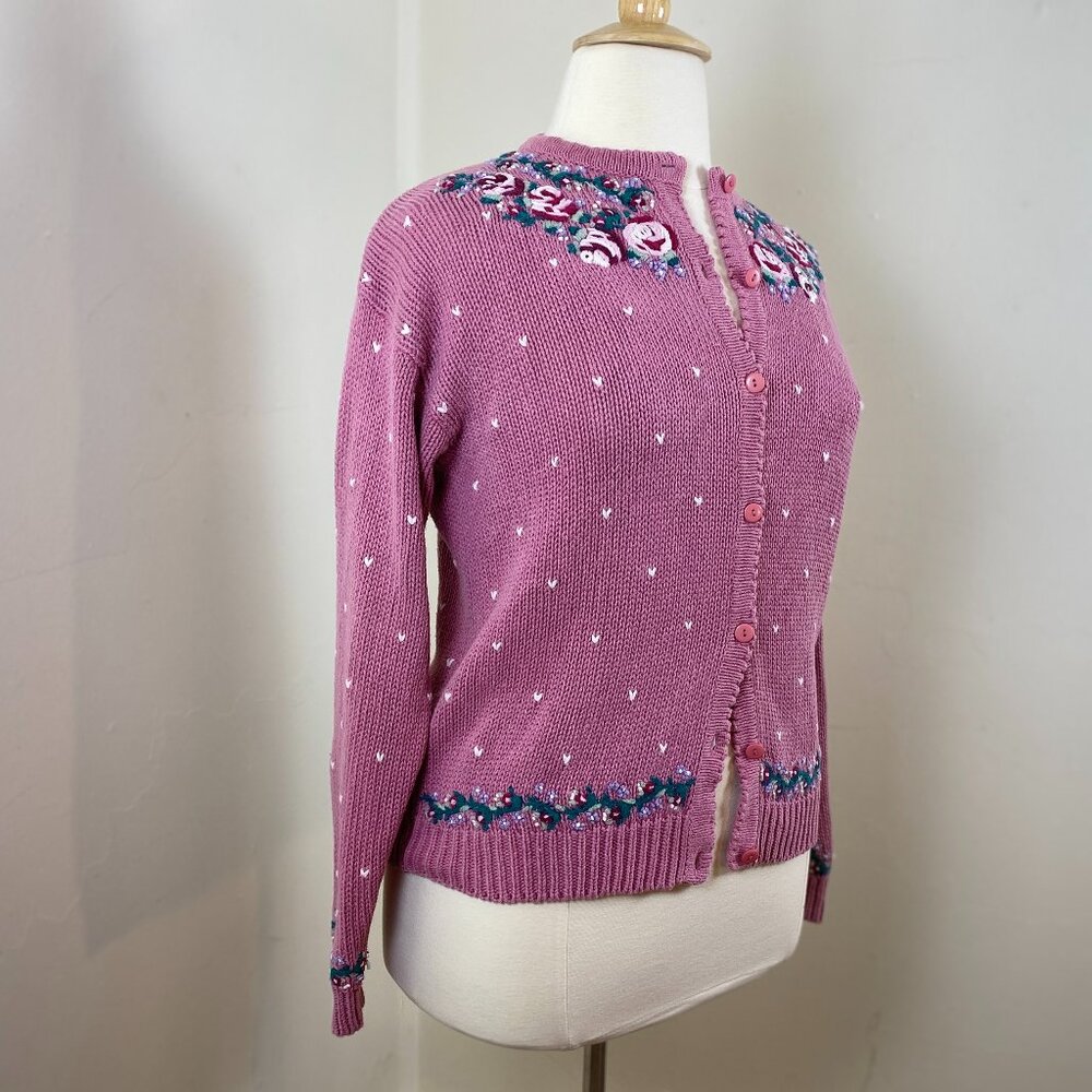 Cape Isle Knitters Floral Embroidered Cardigan Sweater Mauve Pink Vintage Granny